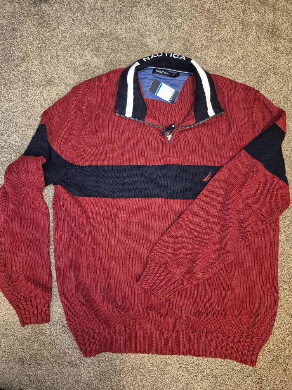 Nautica NWT New Vintage Men’s Red Half-Zip Knit Sweater Navy Stripe XL Cotton